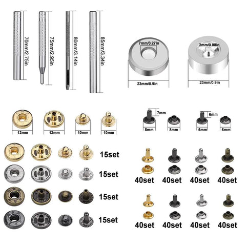 Leather Rivets and Snap Fastener Kit With Tools for DIY Projects Shoes Repair 320 Rivets in Two Sizes 60 Snap Buttons Includes Double Sided Nylon Hammer and Fixing Tools for Easy Craft Repair and Upgrades shown in various sizes and metallic colors.