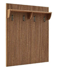 Mid Century Modern Fluted Walnut Wall Mount Coat Rack Panel With Roomy Shelf And Hella Sturdy Hooks For Entryway Hallway Mudroom Sweet Wall Organized Storage Setup With Groovy Wood Grain Details, showing fluted design and metal hooks.