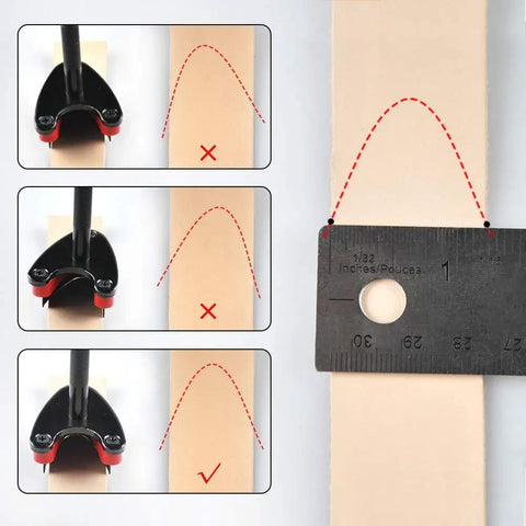 Pro Grade Belt End Cutter Punch Set V Type Leather Tool Kit for Belt Straps showing usage with ruler for precision cutting
