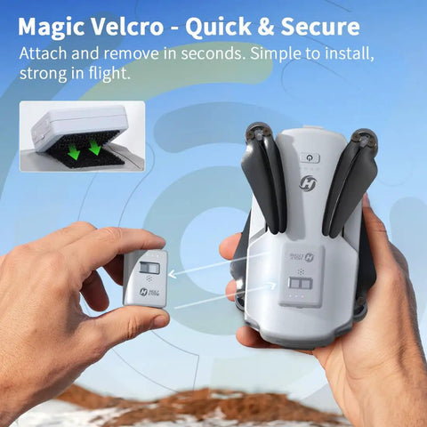 Hands holding FAA Compliant Remote ID Module For Drones With Strobe Light And Buzzer, showing quick Velcro attachment feature.