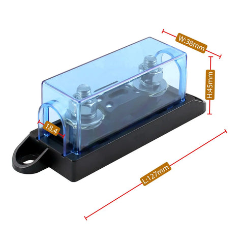 Heavy Duty 175 Amp Bolt Down Fuse Block With Mega Anl Auto Fuse showing dimensions and clear design for easy installation.