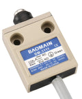 Rugged Sealed Push Plunger Limit Switch With SPDT 1NO 1NC Contacts, 5A, IP67 Rated, Stainless Steel Body, Dust and Coolant Shielding, Built For The Rough Stuff, Direct Linear Actuation For Fast, Reliable Circuit Switching, beige sealed limit switch with cable