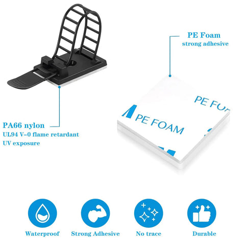 Adjustable Adhesive Cable Management Clips 50Pcs, Large Self Adhesive Cable Clips For Under Desk And Wall Mounts, PA66 nylon and PE foam