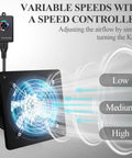 6 Inch Black Exhaust Fan with Variable Speed Controller, wall mount, airflow settings labeled low, medium, high, 353 CFM