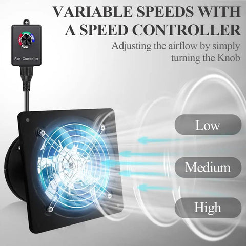 6 Inch Black Exhaust Fan with Variable Speed Controller, wall mount, airflow settings labeled low, medium, high, 353 CFM