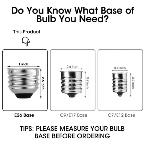 Comparison of E26, C9/E17, and C7/E12 bulb bases; 36 Pack S14 LED Bulbs For Outdoor String Lights Replacement Edison Bulbs Shatterproof Durable Plastic Construction Waterproof Built To Last Warm White 2200K Non Dimmable With E26 Base Ideal For Patio Backyard Parties Party Ready highlighted with E26 base.