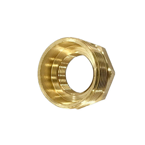 Close-up of brass NPT reducer hex bushing, 1-1/4in male to 3/4in female threaded pipe fitting.