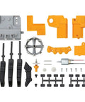 Hands On Motorized Robot Hand Kit For Kids A Fun Do It Yourself STEM Toy That Lets You Build A Working Robotic Hand Controlled By A Programmable Drum With Peg Based Patterns And Endless Rhythm Experiments. Parts laid out with gears, motor, and fingers