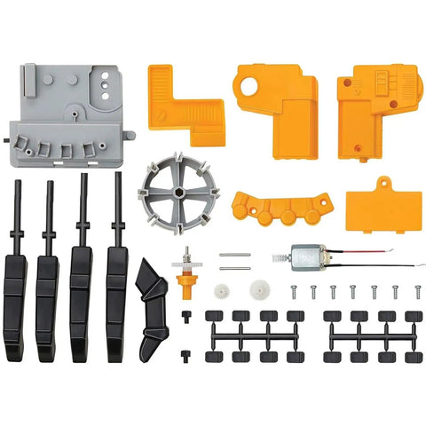 Hands On Motorized Robot Hand Kit For Kids A Fun Do It Yourself STEM Toy That Lets You Build A Working Robotic Hand Controlled By A Programmable Drum With Peg Based Patterns And Endless Rhythm Experiments. Parts laid out with gears, motor, and fingers