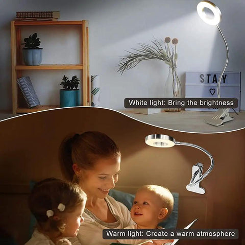 6W LED USB Clip On Reading Lamp for Desk Laptop Bed Headboard and Books Piano Light With Eye Care Dimmable Warm And Cool Light Two Color Temperature Switchable Adapter Included Silver in living room and reading scene