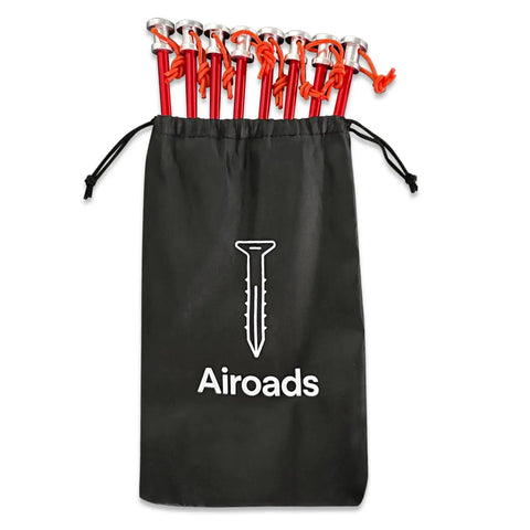 9 Inch Tent Stakes Set Lightweight Aluminum Alloy Ground Pegs For Outdoor Camping And Hiking, shown in storage bag