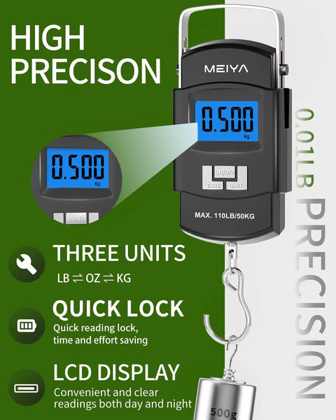 Dope Digital Fishing Scale With Backlit LCD, 110lb/50kg capacity, showing 0.500 kg on screen, stainless steel hook, easy unit switch