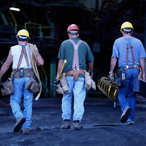 Workers carrying tools and a Replacement Four Port Rapid Charger Station Workhorse For Dewalt 20V Max Batteries