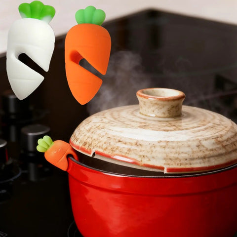 Heavy Duty Silicone Pot Lid Rack And Super Sturdy Cover Lifter Holder for Zero Spill Cooking with colorful carrot designs.