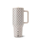 40oz Polka Dot Insulated Tumbler Featuring A Spill Proof Flip Straw And Comfort Grip Handle on a white background.