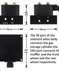 Dimensions and ports of Universal Air Ride Suspension Solenoid Valve 1/4 NPT 12V With Control Box And Remote For Cars And Motorcycles.