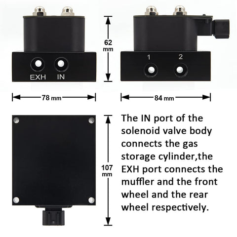 Dimensions and ports of Universal Air Ride Suspension Solenoid Valve 1/4 NPT 12V With Control Box And Remote For Cars And Motorcycles.