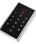 Rock Solid Stand Alone Door Access Control Keypad With 125 Khz Proximity Reader And Password Code Combo Including Five Heavy Duty Key Fob Tags For Bulletproof Gate Opener Security And No Fuss Install front view with numeric keypad and proximity sensor