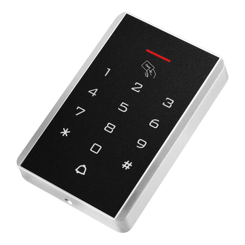 Rock Solid Stand Alone Door Access Control Keypad With 125 Khz Proximity Reader And Password Code Combo Including Five Heavy Duty Key Fob Tags For Bulletproof Gate Opener Security And No Fuss Install front view with numeric keypad and proximity sensor