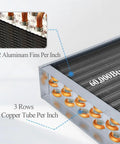 Close-up of Water To Air Heat Exchanger 12x12 with one inch copper ports, showing aluminum fins and tubing, high efficiency 60,000 Btu.
