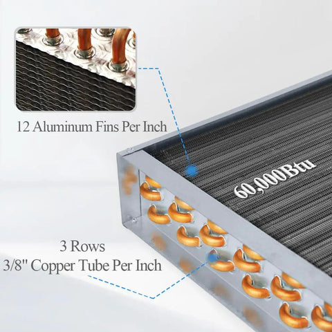 Close-up of Water To Air Heat Exchanger 12x12 with one inch copper ports, showing aluminum fins and tubing, high efficiency 60,000 Btu.