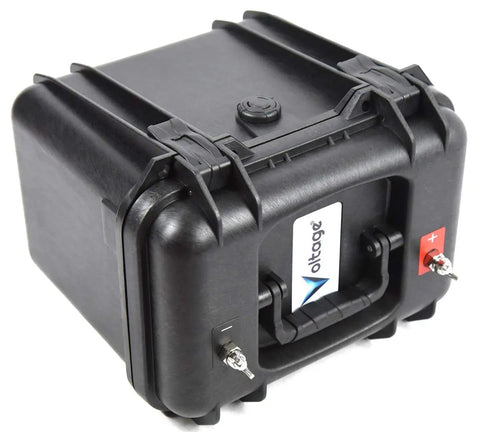 Dead Serious Waterproof Battery Box For 12 Volt Lithium Agm And Sealed Lead Batteries, compact black design with handle and terminal connectors.
