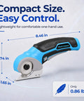 Electric Cordless Box Cutter Scissors With 4V Battery; compact blue scissors for one-handed use; lightweight at 0.86 lb.