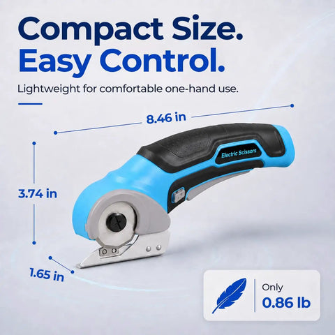 Electric Cordless Box Cutter Scissors With 4V Battery; compact blue scissors for one-handed use; lightweight at 0.86 lb.