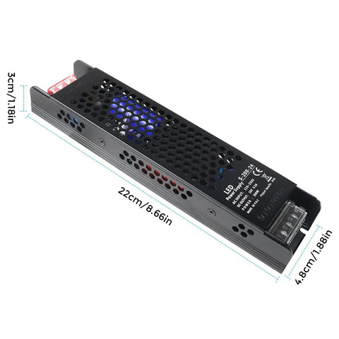 24V DC Power Supply 8.5A 200W Universal Regulated Switching Adapter with dimensions visible, black metal casing, side view