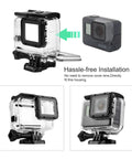 Waterproof Action Camera Housing For Hero 5 6 7 Black with straight-in design showing hassle-free installation and mounting option.