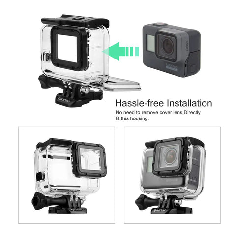 Waterproof Action Camera Housing For Hero 5 6 7 Black with straight-in design showing hassle-free installation and mounting option.
