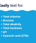 Easily test for total chlorine, bromine, alkalinity, hardness, pH, and cyanuric acid with this six-way pool test kit.