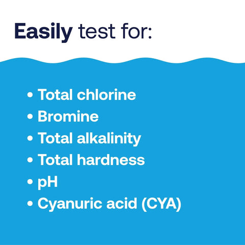 Easily test for total chlorine, bromine, alkalinity, hardness, pH, and cyanuric acid with this six-way pool test kit.