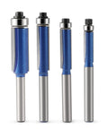 No Fuss Professional Grade 1/4 Inch Shank Top Bearing Flush Trim Router Bit For Efficient Wood Synthetic And Laminated Board Trimming Rock Solid Finish, set of four bits with blue coating.