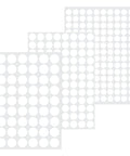 Sheets of white screw hole cover set including 290 pieces in three sizes 12mm, 15mm, and 21mm self adhesive PVC caps for furniture and woodwork.