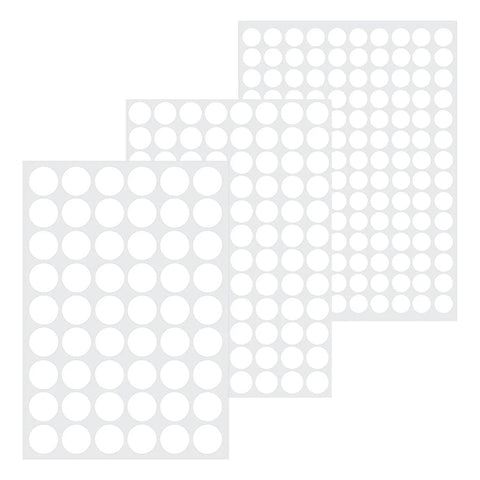 Sheets of white screw hole cover set including 290 pieces in three sizes 12mm, 15mm, and 21mm self adhesive PVC caps for furniture and woodwork.