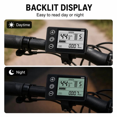 Backlit LCD Display Screen For E Bikes Fits Q20, H20, H26 Pro Electric Bicycles showing speedometer readout during day and night