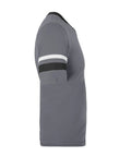 Side view of Retro Ringer Tee With Contrast Sleeve Stripes And Knit V Neck 50 50 Poly Cotton Jersey Double Needle Hem All Day Comfy Team Spirit Tee In Graphite Black White Sized Small.