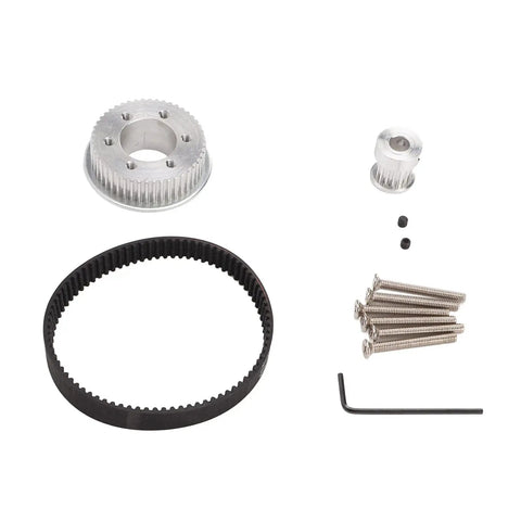 Electric Skateboard Synchronous Gear Kit Upgrade Built From Durable Aluminum Alloy For Dope Performance Reduces Slippage With Three To One Gear Ratio Easy DIY Hardware To Boost Acceleration And Board Longevity with components laid out.