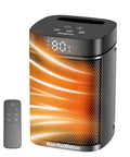 Compact Indoor Space Heater With Remote, 1500W PTC Ceramic, Thermostat, 12-Hour Timer shown with remote control