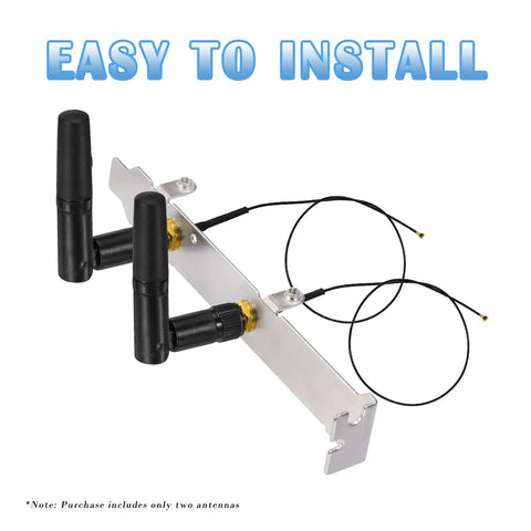 Dual Band WiFi Antenna Set 2.4GHz 5GHz RP SMA Antennas 2 Pack mounted on a silver bracket with black cables visible