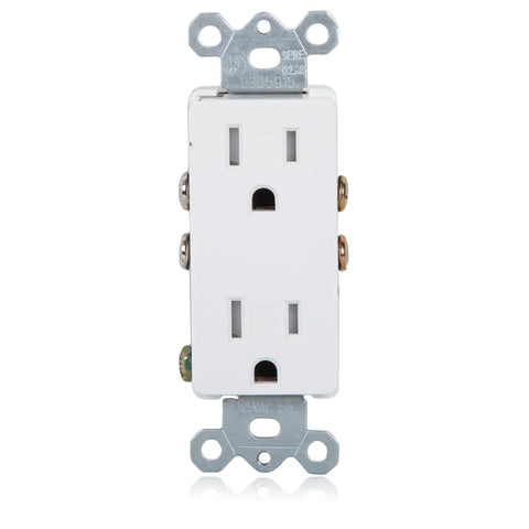 Tamper Resistant Duplex Receptacle White Wall Outlet 15 Amp Standard Decorative Electrical Outlet Contractor Pack With Wall Plates Included Easy Push In And Terminal Screw Installation 10 Pack showing front view of outlet without wall plate