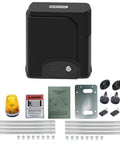 Automatic Sliding Gate Opener Kit With Gear Rack Drive System For Driveway Security Gates Remote Control And Sensor For Gates Up To 1300 Lbs And 40 Feet Model SL1300 For Quiet Smooth Operation Easy Installation And Durable Weatherproof Construction with accessories