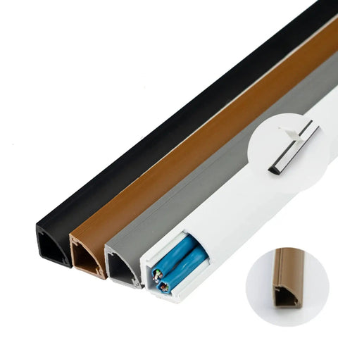 Sturdy Pvc Cord Raceway Floor Wall Wire Management Channel Waterproof Tread Resistant Slick Cable Cover in black, brown, and white.