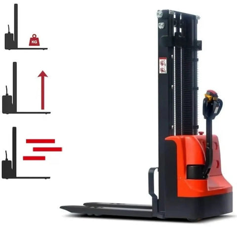 Heavy Duty Electric Pallet Stacker With Battery Powered Forklift Lift System showing side view of hydraulic lift machine for warehouse handling.