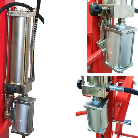 Heavy Duty 20 Ton Air Floor Hydraulic Shop Press With Smooth Pneumatic Operation, detailed view of air cylinder and connections.