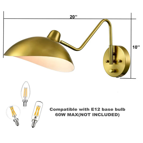 Image of Plug In Wall Sconce Set Of 2 With Adjustable Swing Arm In Gold Brass Finish Easy On Off Switch 2 In 1 Plug In Or Hardwire Design Modern Bedroom Lighting Brass Wall Lamp For Cozy Homes showing dimensions and bulb type.