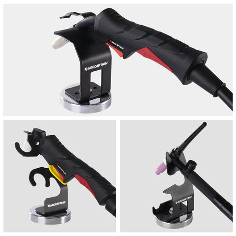 MIG Welding Torch Holder With Magnetic Base For Secure Hands Free Torch Positioning On MIG Gun, shown on steel surface