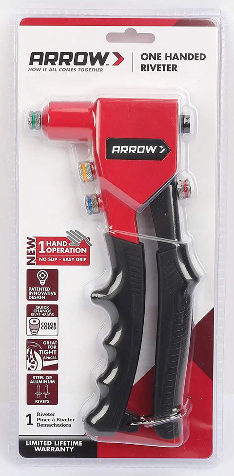 Heavy-Duty One-Handed Pop Rivet Gun For Quick Metal Fabric Leather And Auto Repairs, red and black ergonomic design.