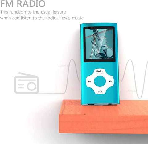 Compact MP3 Player With 32GB Memory Card, FM Radio, Voice Recorder in sleek blue on wooden surface with LCD on